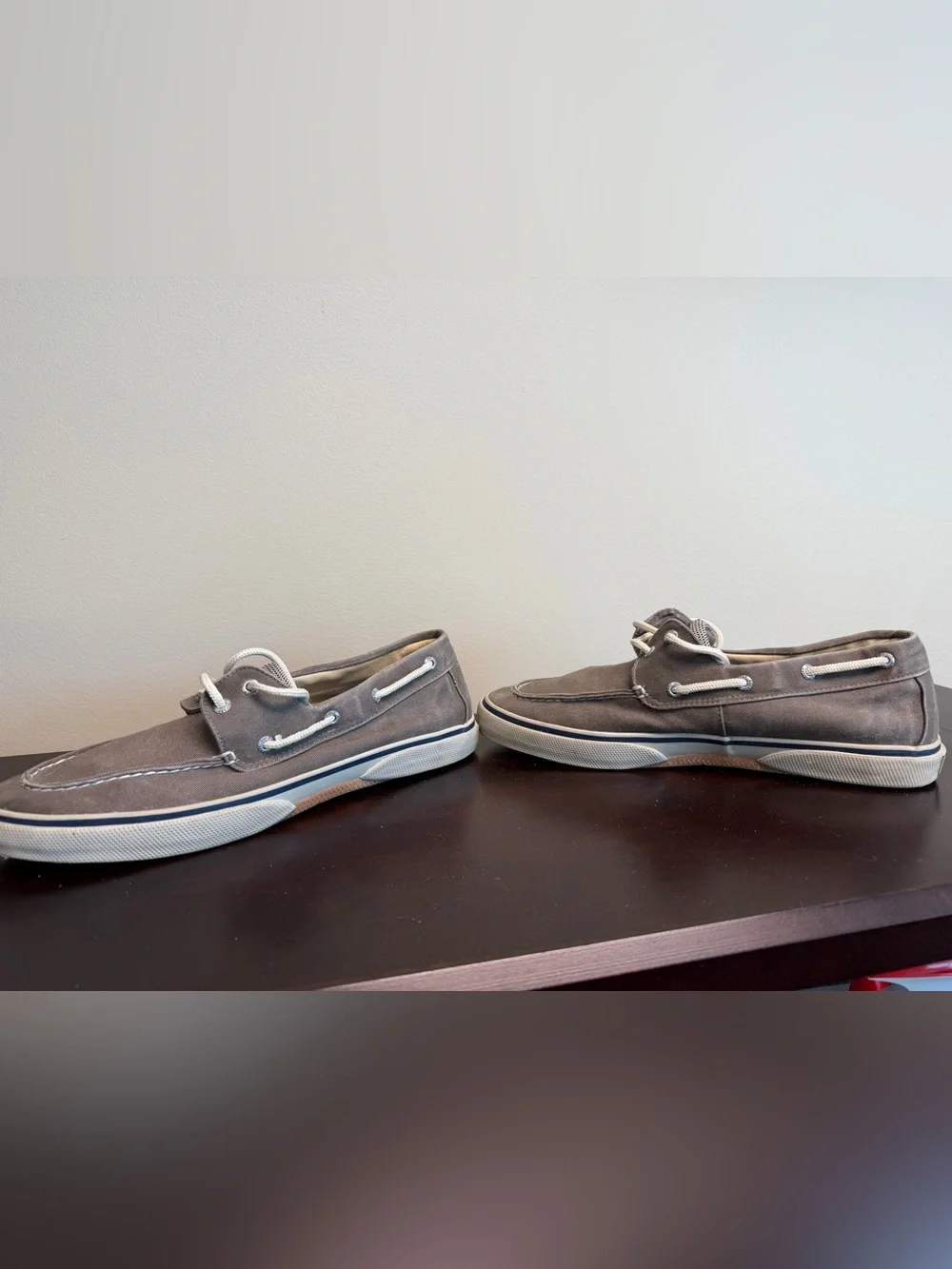 Sperry Taupe Canvas 2-Eye Boat Shoes with Blue Insole